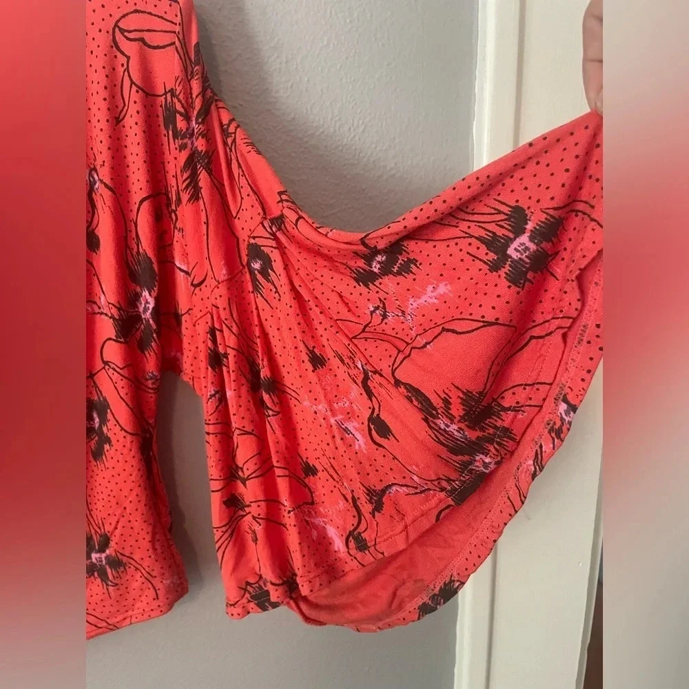 Free People Last Time Orange‎ Print Surplice Bell Sleeve Crop Top-size M NWT
